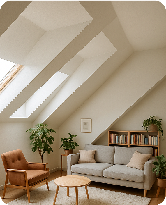 Modernes Dachgeschoss-Wohnzimmer mit Dachfenstern, Sofa, Sessel und Zimmerpflanzen – Arbeit in Ulm